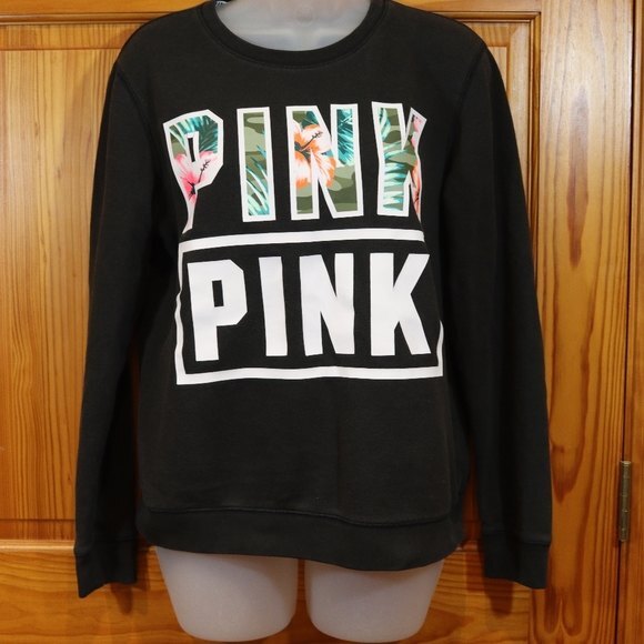 PINK Victoria's Secret Spellout Logo Pullover Sweatshirt Tropical Print Black SM - Picture 2 of 6